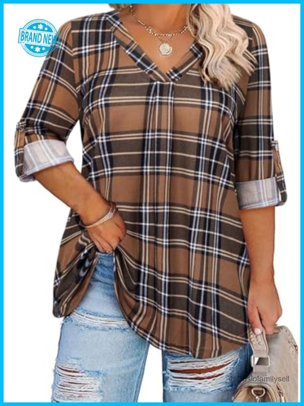 Plus Size 3/4 Sleeve V Neck Tunic Top Plaid Fit Flare Blouse